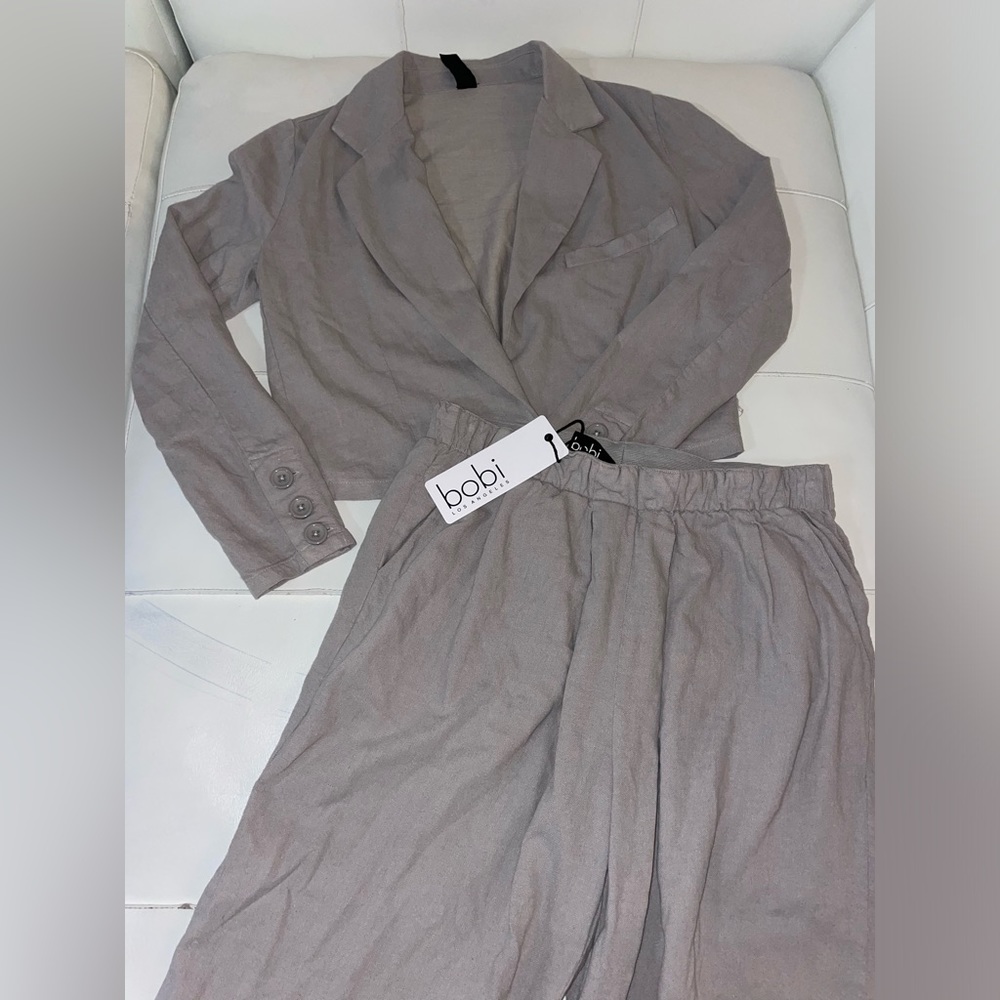 NWT BOBI linen pull on pants and cropped jacket coord set in gray lead Small - Picture 2 of 13